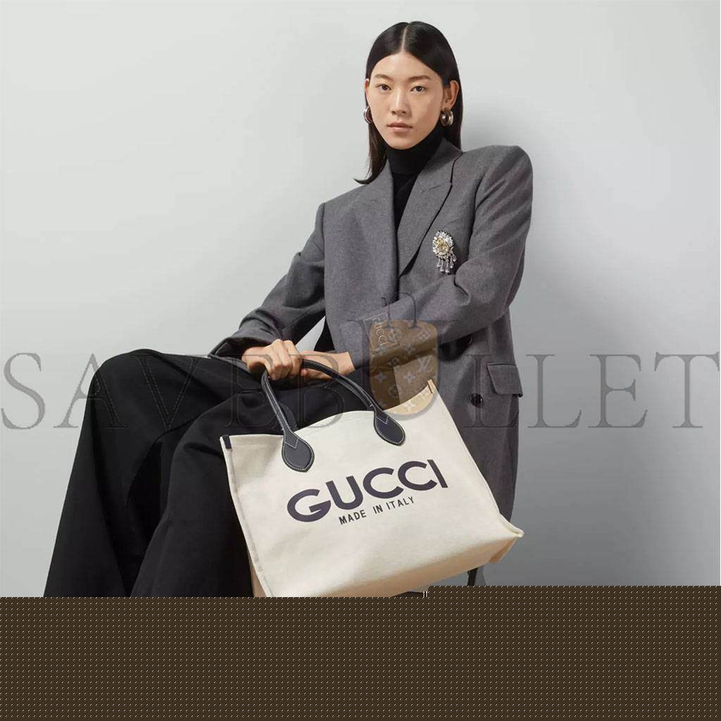 G*u*i print tote bag new beige canvas black 772176facvw8941 (41*19*18cm)